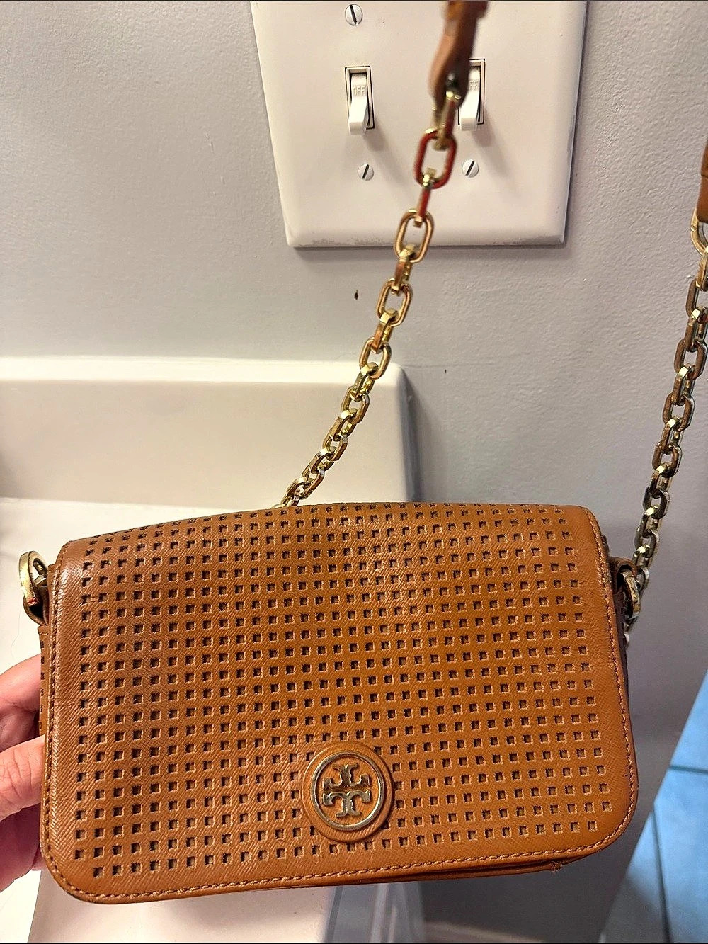 Tory Burch Kipp Perforated Logo Fold-Over Crossbody Bag Brown